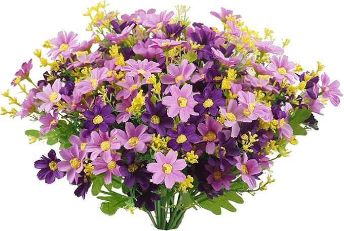 Uieke 6PCS Artificial Flowers for Outdoors UV Resistant, Fake Daisy Mums Flowers No Fade Greenery Shrubs Faux Purple Flowers for Outside Home Wedding Garden Spring Summer Décor