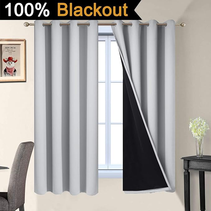 Yakamok 100% Blackout Lined Panels, Thermal Insulated Blackout Curtains for Bedroom, Heat Blocking Drapes for Living Room(52Wx63L, Light Grey, 2 Panels)