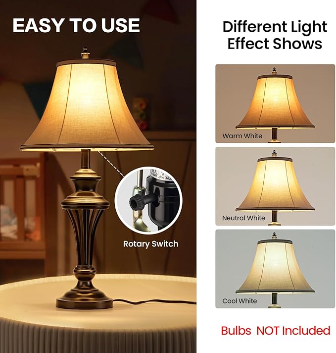 3 Pack Lamp Set (2 Table Lamps, 1 Floor Lamp), 3-Piece Vintage Style Table and Floor Lamp Set in Bronze Finish with Brown Fabric Lamp Shades, 26" and 61"(H), Solid Iron