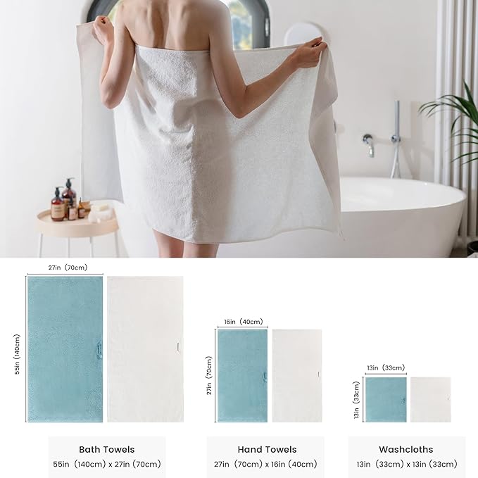 SEMAXE 18-Piece Mixed Color Bathroom Towel Set(White, Blue) - Bath Towel, Hand Towel, and Washcloth – 3 Pieces per Color, 100% Cotton, Lightweight, Absorbent, Quick-Drying, Ideal for Couples and Gifts