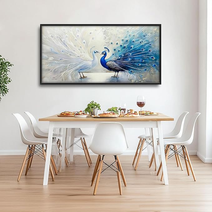 Quorin Peacock Large Wall Art Blue and White Pictures Elegant Animal Wall Decor Canvas Print Painting Artwork for Bathroom Living Room Bedroom 60L x 30W