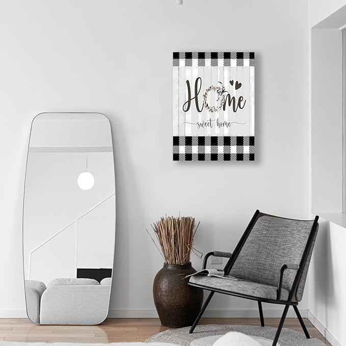 Black and White Canvas Wall Art 12x16in Sweet Home Wall Decor Rustic Plaid for Home Office Bathroom Bedroom Decor Canvas Wall Art