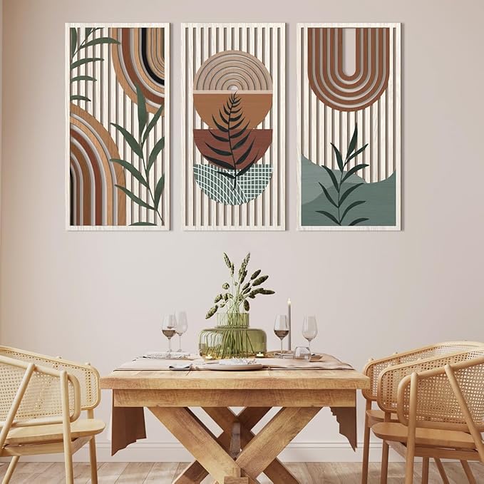 IARTTOP Large Abstract Geometric Wood Boho Wall Art Boho Wall Decor Set Mid Century Modern Wooden Wall Decor Bohemian Wall Art For Bedroom Living Room Office 16"x32"