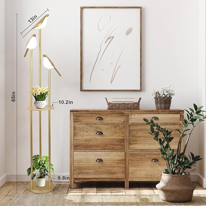 Gold Floor Lamps for Living Room, Modern Floor Lamp with Shelves, Mid Century Standing Lamp with 3 Adjustable LED Bird Lights, Corner Tall Lamp with Table, Brass Stand up Lamp for Bedroom Kids Room