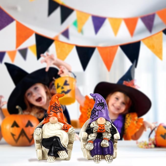 Halloween Gnomes Decorations 2 PCS Resin Skull Decor Skeleton Tabletop Figurines Indoor Holiday Collectible Statue for Women Men Kids