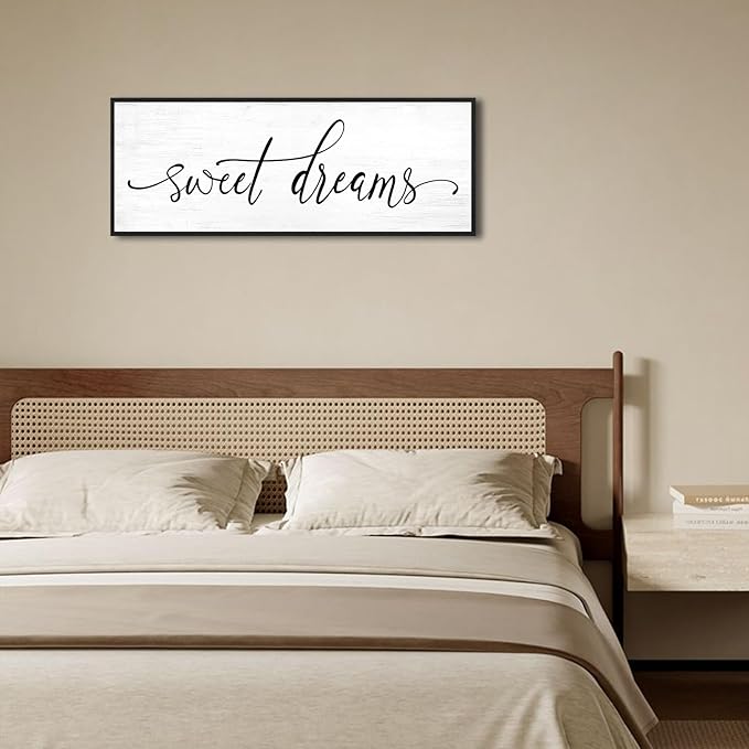 Sweet Dreams Wall Decor Above Bed: 40''×15'' Farmhouse Bedroom Canvas Wall Art Large Framed Sweet Dreams Sign,Modern Guest Room Master Bedroom Picture Black Wall Decorative Hanging Plaque