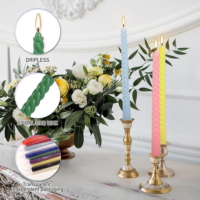 12-Pack 12-Color Spiral Taper Candles - 10 Inch Dripless & Long-Lasting Burn, Decorative Twisted Candles for Wedding, Birthday, Christmas, Home Decor, Party Supplies (Premium Wax, Unscented)