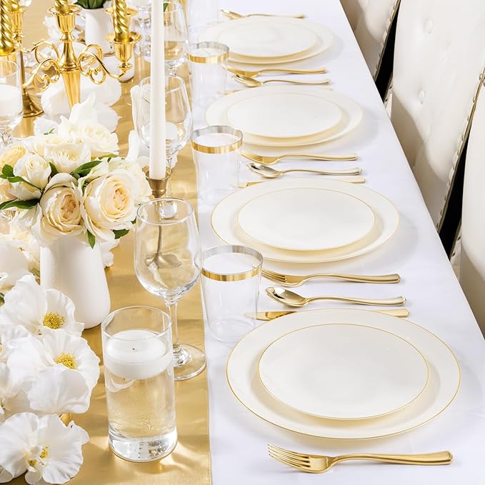 Nervure 100Pcs Ivory and Gold Plastic Plates - 7.5inch Disposable Ivory Dessert/Salad Plates - Heavy Duty Plastic Plate Ideal for Wedding & Party & Thanksgiving