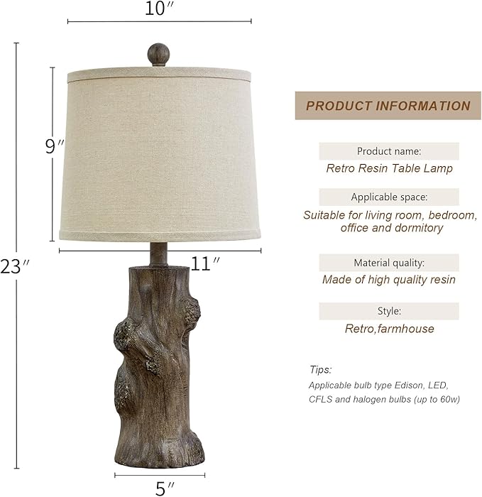 OYEARS 23"Resin Table Lamps for Living Room Set of 2 Country Cottage Farmhouse Lamp for Bedroom Tree Trunk Wood Grain with Oatmeal Fabric Round Shade Vintage Rustic Traditional Nightstand Bedside Lamp