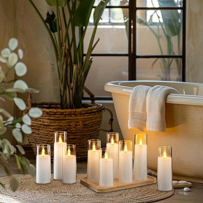 Amagic Pure White Flameless Candles, 9 Pack Battery Operated Candles with Remote and Timer, Acrylic Flickering Electric LED Candles for Wedding, Holiday Decor, D2.2''xH5''6" 7", Warm Yellow Glow