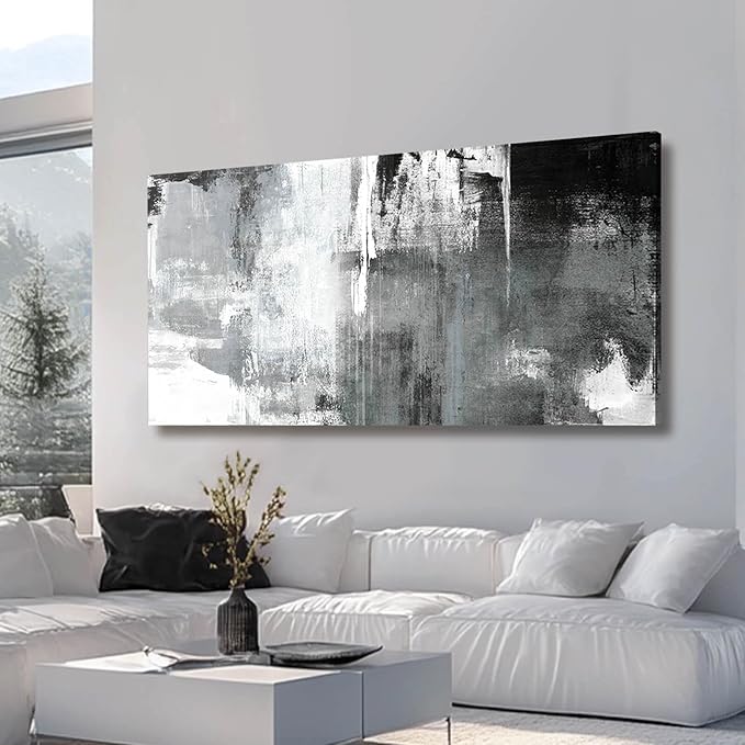 Large Canvas Wall Art/Black And White Abstract Wall Art for Living Room/Hand-Painted Artwork Decor for Dinning Room Bedroom Hotel Office Kitchen 29x58 In