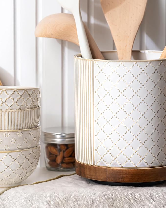 getstar 360° Rotating Kitchen Utensil Holder, Large Ceramic Cooking Utensil Holder for Kitchen Counter with Rotatable and Detachable Wooden Base