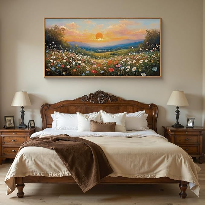 HOURIA Boho Sunrise Wildflower Framed Canvas Wall Art Set,Watercolour Nature Inspired Landscape Wall Decor,Colorful Floral Scenery Artwork,Modern Art Prints for Living Room,Bedroom,Farmhouse-20"x40"x1