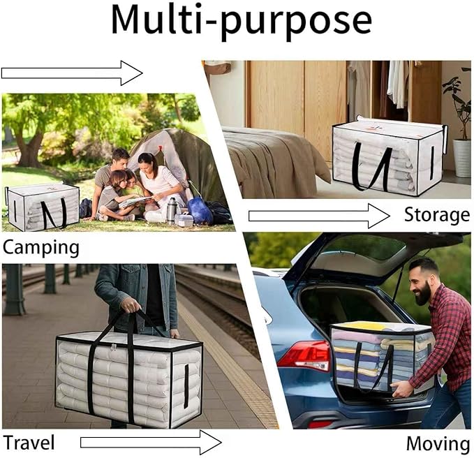 4 Pack-Extra Large Heavy Duty Moving Bags - Waterproof Storage Totes with Handles & Zippers, Foldable for College Dorm, Storage (Clear)