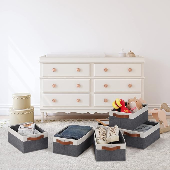 GhvyenntteS Small Fabric Storage Bins with Handles 6 Pack, 11.8" x 7.87" x 5.11" Storage Baskets for Shelves, Baskets for Organizing Clothes Underwear Socks Hats DVDs (Grey/White)