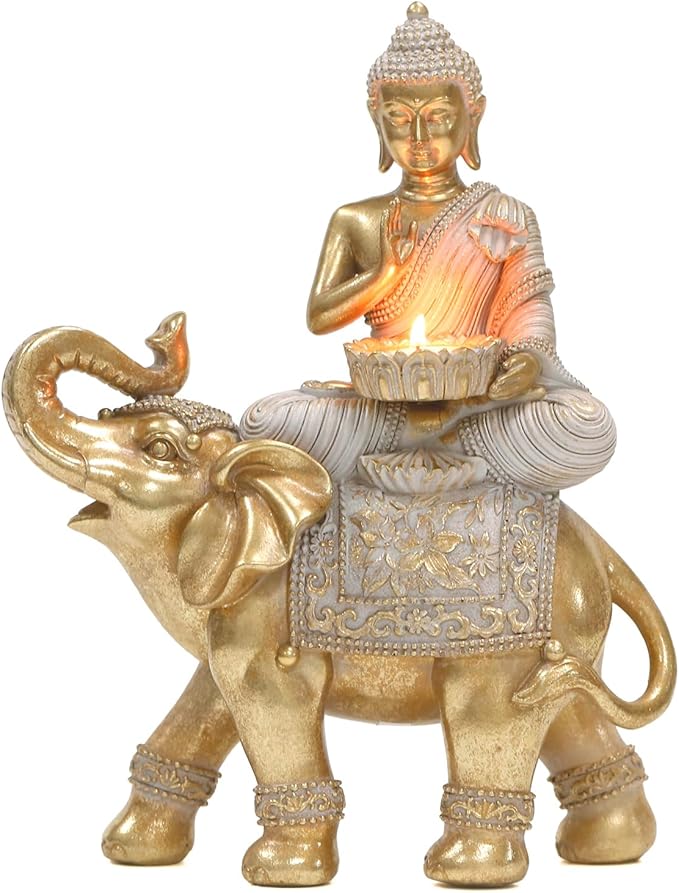 Buddha Statue for Home Decor Gold Candle Holder 11.5”-Elephant Buddha Statues for Zen Decor - Spiritual Buddha Decor for Living Room-Buda–Budda–Buddha Gift for Relaxation, Meditation or Shrine