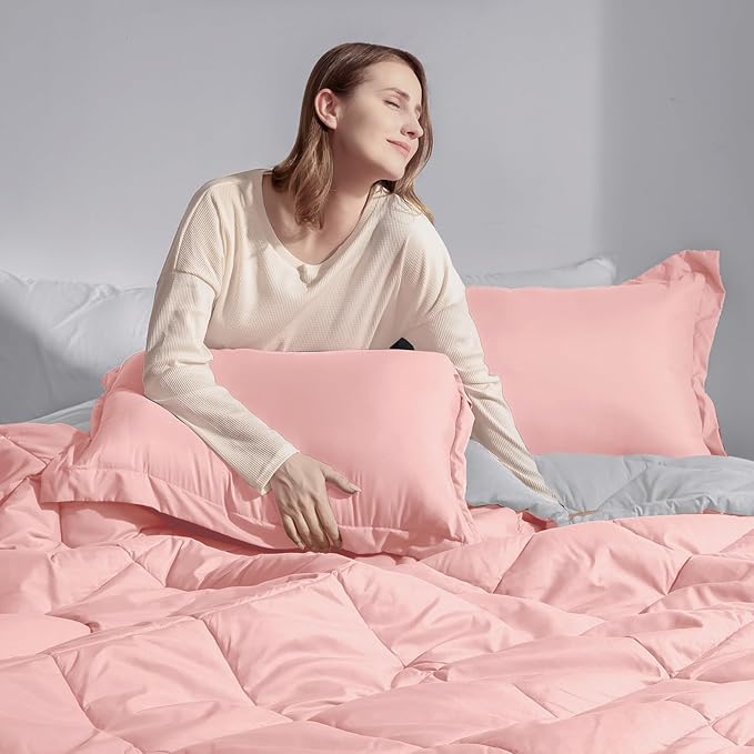 Basic Beyond King Size Comforter Set - Pink King Size Comforter Set, Reversible King Bed Comforter Set for All Seasons, Baby Pink/Grey, 1 Comforter (104"x92") and 2 Pillow Shams (20"x36"+2")