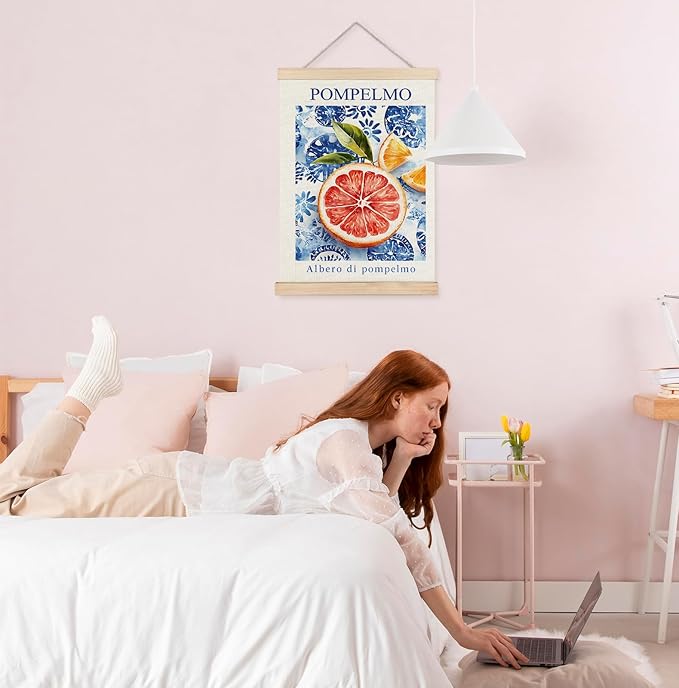 Yomisex Italian Amalfi Coast Grapefruit Wall Art Poster, Italian Kitchen Decor, Blue and White Mediterranean Tiles Pompelmo Fruit Wall Art Framed for Kitchen Dining Room Home Decor, 12x16 Inch