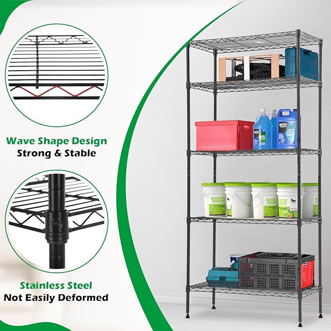PayLessHere | 5-Tier Wire Shelf with Wheels | 14"x30"x60" | Black | Adjustable Racks | Heavy-Duty Storage Shelves, Holds Upto 220 lbs | Rust-Resistant, No-Tool Assembly | for Home, Garage Shelving