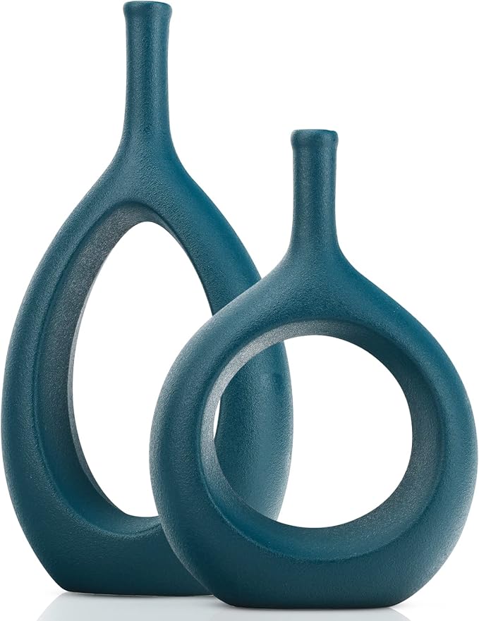 Green Ceramic Hollow Elliptical Vase Set of 2 - Boho Circle Vase with Hole, for Modern Green Table Decor, Living Room Decor Shelf mid Century Modern Home Entrance Decorative vase