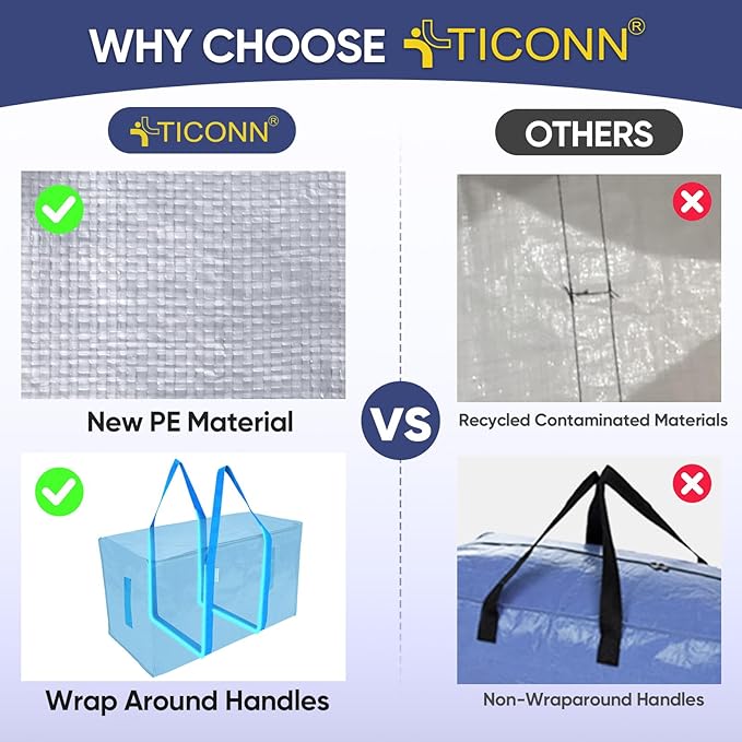 TICONN 2 Pack Extra Large Moving Bags with Zippers & Carrying Handles, Heavy-Duty Storage Tote Moving Boxes for Space Saving (2 Pack, Sky Blue)