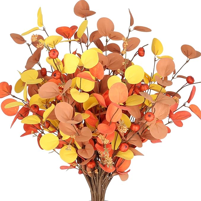 SITUMEIZI 6 Pcs Fall Stems Eucalyptus Artificial Fall Leaves Tall Autumn Decor 24" Foam Leaf Branches for Fall Halloween Thanksgiving Decoration Floral Arrangements