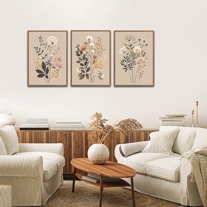 CHDITB Vintage Flower Framed Canvas Wall Art Set, Large Neutral Wildflowers Wall Decor, Farmhouse Floral Artwork Botanical Poster, Modern Art Prints for Living Room Bedroom Office Size 16"x24"