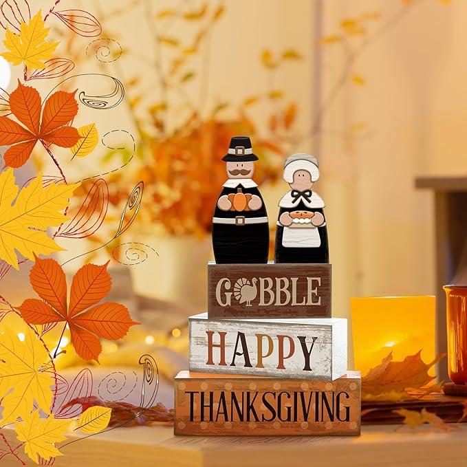 4 Pcs Fall Decoration for Home Wooden Pilgrim Couple Thanksgiving Tiered Tray Decor Fall Centerpiece Rustic Decorative Pilgrim Block Sign Gift Farmhouse Autumn Table Decor for Home Kitchen