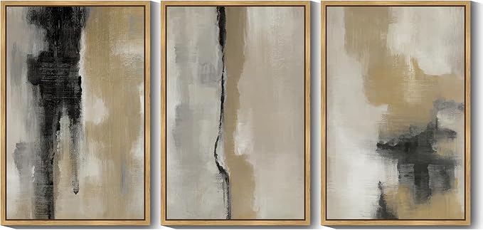 KUVIOKE Black Gray Abstract Framed Wall Art Minimalist Modern Neutral Wall Art Decor for Living Room Hallway Bedroom Ready to Hang 24x36in (Natural Framed)