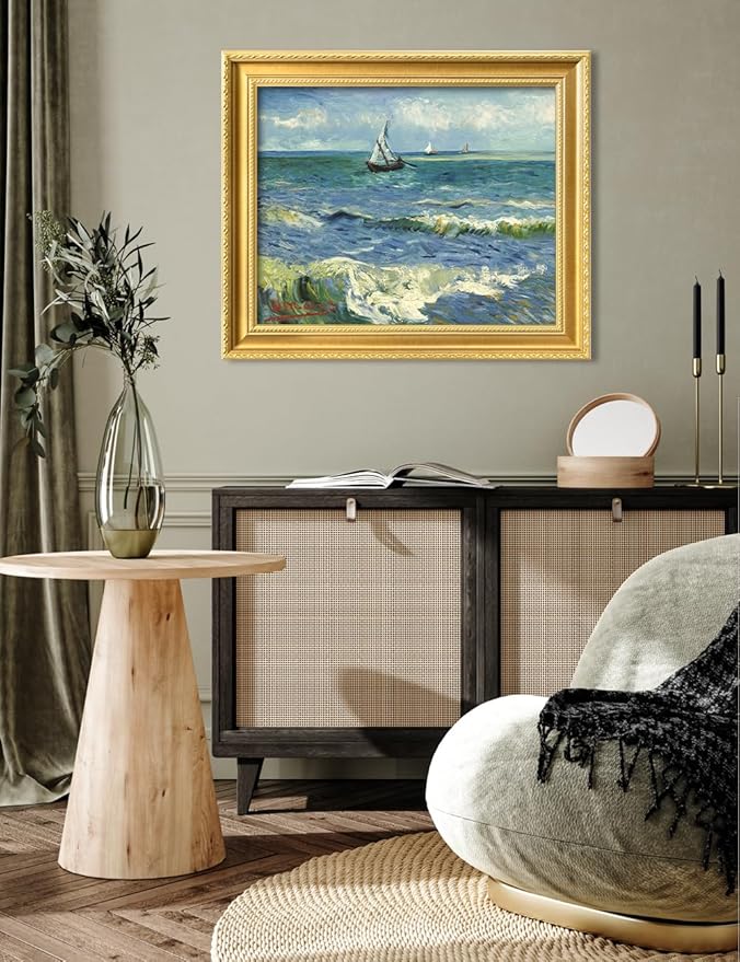 DECORARTS - The Sea at Les Saintes-Maries-de-la-Mer by Vincent Van Gogh. Giclee Print on Acid-Free Canvas in Gold Solid Wood Frame. Picture Size: 20x16, Total Size: 24.75x20.75, Made in USA