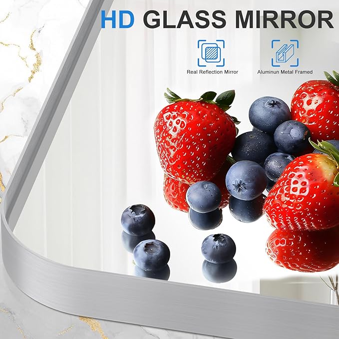 Brushed Nickel Bathroom Mirror for Over Sink, 24" x 36" Framed Rectargular Wall-Mounted Bathroom Mirrors for Vanity, Decorative, Farmhouse, Restroom, Horizontally or Vertically Hanging