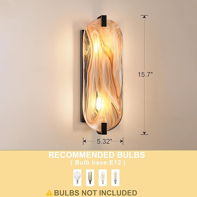 2 Pack 2 Light 15.7" Alabaster Marble Bathroom Wall Sconce Modern Concise Style Wall Light Fixture,Black Finish for Bedroom Hallway Bedside