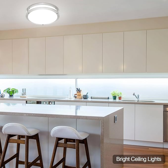 OOWOLF 16inch 48W LED Flush Mount Ceiling Light Fixture Dimmable, Super Bright Brushed Nickel Ceiling Light 4800LM 5000K Daylight White 480W Equivalent, Ceiling Lamp for Bedroom, Kitchen, 2-Pack