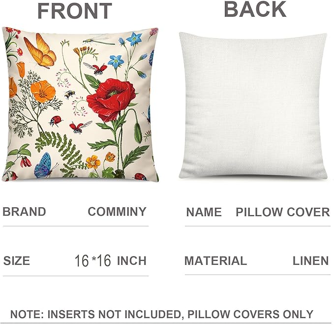 Red Pink Flower Pillow Cover 16x16 Set of 6 Summer Throw Pillow Covers Colorful Floral Cushion Covers for Couch Sofa Living Room Home Decor