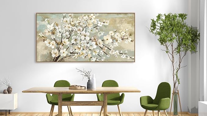 arteWOODS Flowers Framed Wall Art - Beige Flower Branches Canvas Pictures Wall Decor Rustic Brown Botanical Painting Artwork Elegant Floral Prints for Living Room Bedroom 58 x 29in Natural Wood Frame