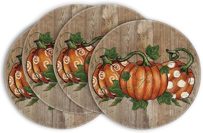 Artoid Mode Wood Pumpkins Fall Round Placemats Set of 4,14 Inch Seasonal Round Place Mats for Party Dining Decoration