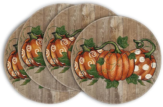 Artoid Mode Wood Pumpkins Fall Round Placemats Set of 4,14 Inch Seasonal Round Place Mats for Party Dining Decoration