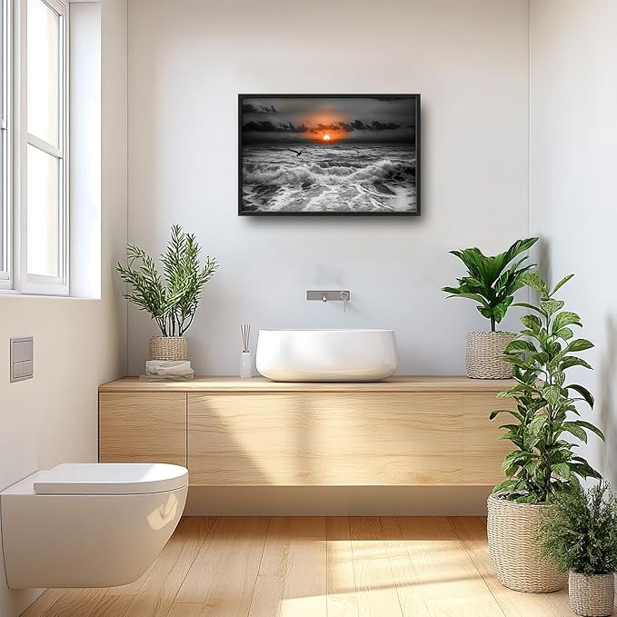 Flintis Large Ocean Sunset Framed Wall Art Beach Seagull Pictures Wall Decor Abstract Natural Landscape Canvas Painting Print Artworks Framed for Living Room Bathroom Master Bedroom 36L X 24W