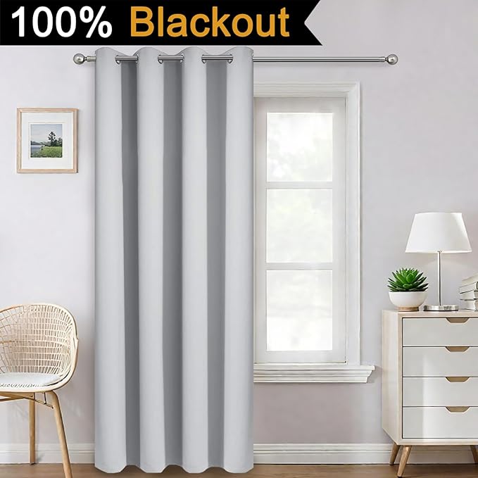 Yakamok 84 Inch Long 100% Blackout Curtains for Bedroom, 2 Thick Layers Thermal Insulated Grommet Total Blackout Drapes with Black Liner for Living Room (52Wx84L,Light Grey, 1 Panel)