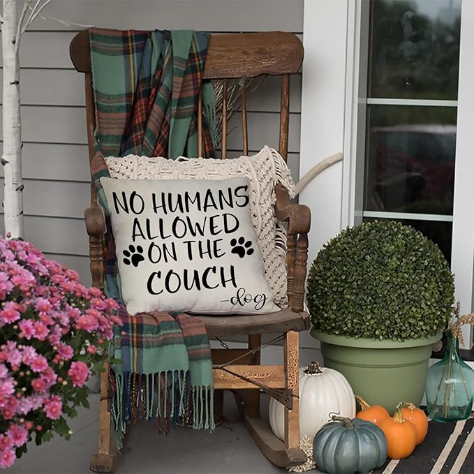 No Humans Allowed on The Couch Dog Paw Pattern Decorative Throw Pillow Cover, Dog Lover Gifts Funny Cushion Case Decor Sign, Seasonal Farmhouse Home Pillowcase Decorations for Sofa Couch 18 x 18