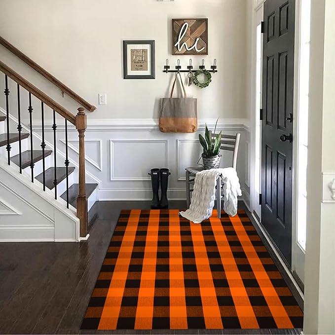 SEEKSEE Cotton Buffalo Plaid Rug 4'x6' Orange and Black Checked Rug Washable Doormats Indoor Outdoor Rugs for Layered Front Door Mats, Porch, Kitchen, Farmhouse, Entryway