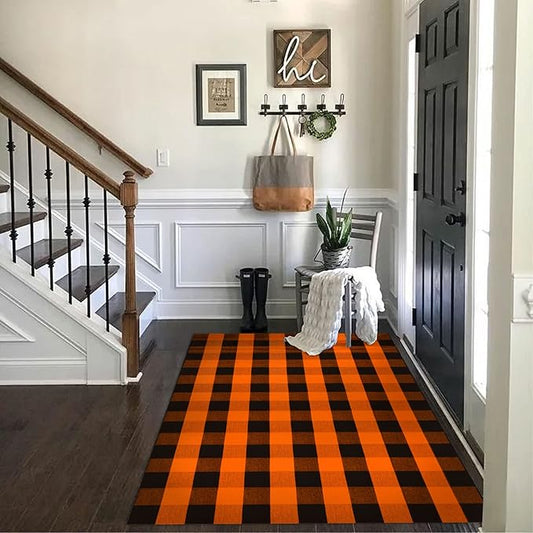 SEEKSEE Cotton Buffalo Plaid Rug 4'x6' Orange and Black Checked Rug Washable Doormats Indoor Outdoor Rugs for Layered Front Door Mats, Porch, Kitchen, Farmhouse, Entryway
