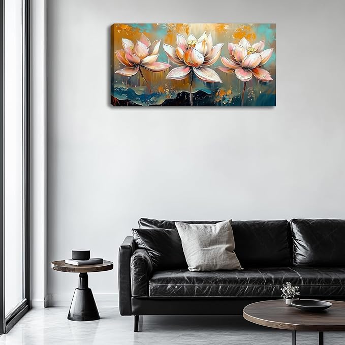 Large Zen Canvas Wall Art Pink Lotus Flower Picture Wall Decor Landscape Painting Artwork Framed for Bedroom Living Room Kitchen Room Office Home Decor 48L x 24W
