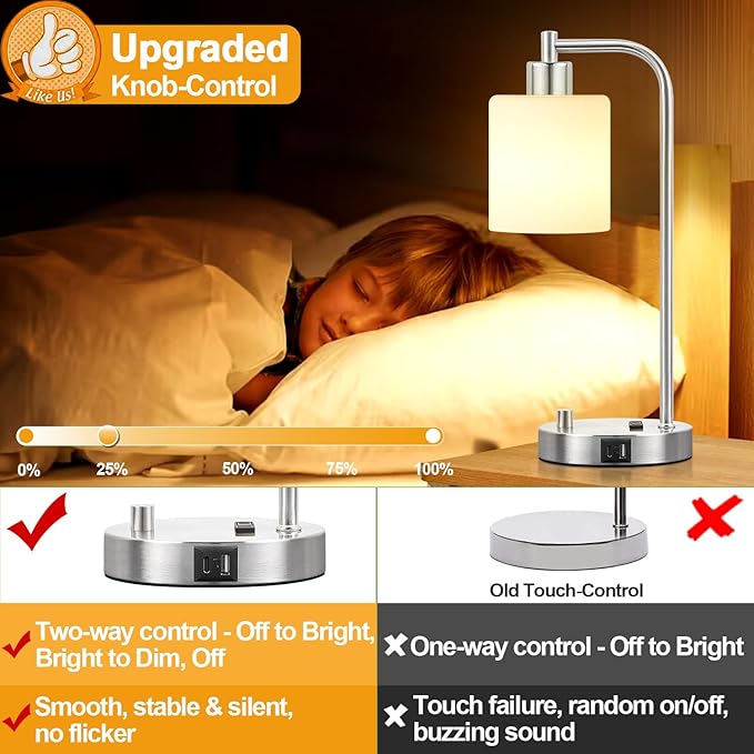 Lynnoland Set of 2 Industrial Table Lamps with USB C+A Ports and Outlet, Brushed Nickle Fully Stepless Dimmable Bedside Lamps, Nightstand Lamp with Opal Glass Shade for Reading Office (2 LED Bulb)