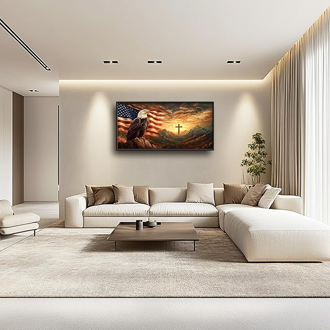 Framed Large Wall Art for Living Room, Bald Eagle American Flag Canvas Wall Decor, Large Christian Cross Picture Framed Painting, Modern Artwork for Bedroom Office 60L'' × 30W''