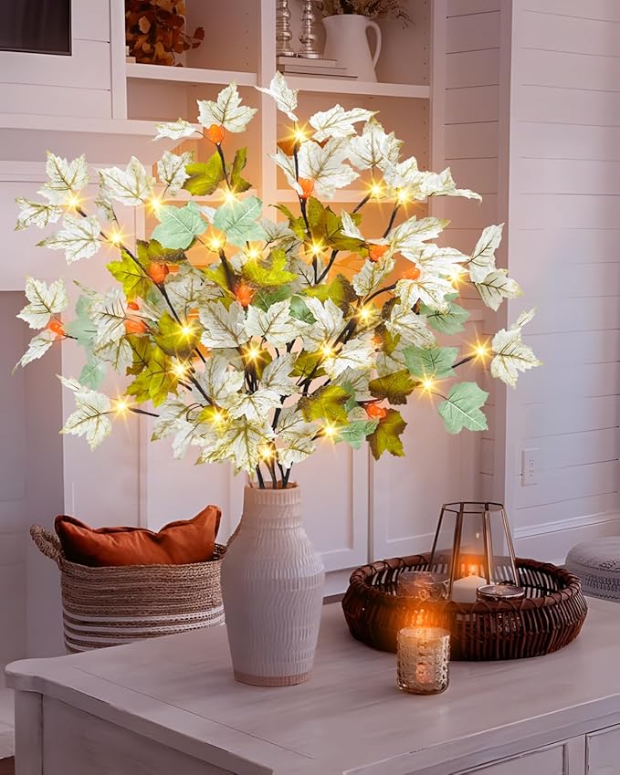 3 Pack Artificial Fall Maple Leaves Stems with 15 Acorn 60 LED Lights Battery Operated Lighted Autumn Maple Branches for Vases Fall Home Thanksgiving Table Decoration