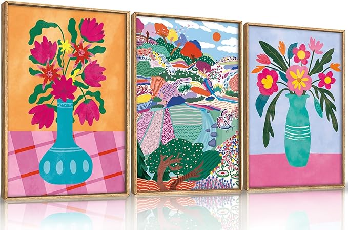 HOURIA Colorful Flower Field Landscape Framed Canvas Wall Art Set,Abstract Pink Floral Vase Wall Decor,Natural Botanical Tree Artwork,Modern Sunrise Art Prints for Living Room,Farmhouse-24 x36 x3