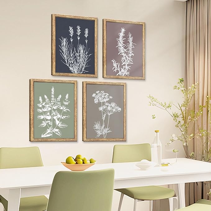GUMEYJIA Boho Wall Art Set of 4 Framed Herb Prints Botanical White Floral Sketches with Gray and Sage Green Background Modern Farmhouse Decor Home Kitchen Wall Decor (11x14 in)