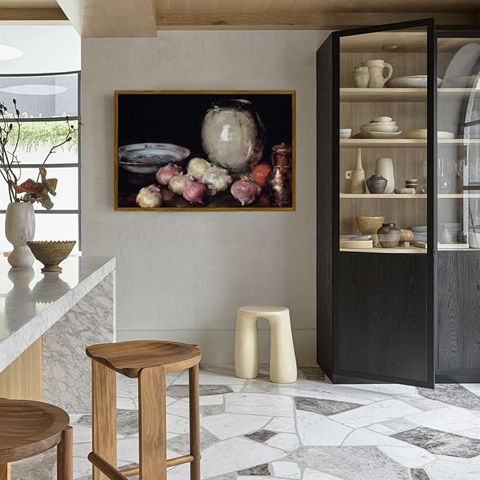 crmotu Framed Canvas Wall Art, Kitchen Still Life Aesthetic Art Prints, Tabletop Onions Vintage Large Artwork, Black Wall Paintings for Living Room Bedroom Gallery Rustic Farmhouse Decor 24x36in