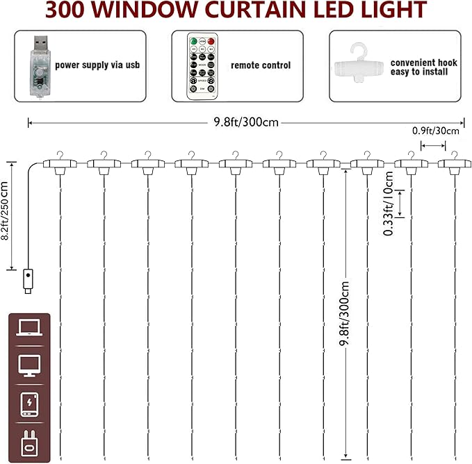 HOME LIGHTING Window Curtain String Lights, 300 LED 8 Lighting Modes Fairy Copper Light with Remote, USB Powered for Christmas Party Wedding Home Decorations (Warm White)